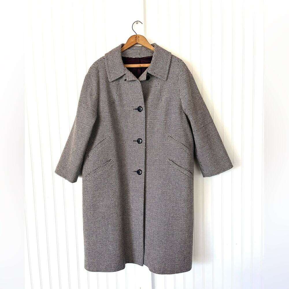 Vintage Navy Blue and White Patterned Long Coat Size XL Knit Peacoat Lined Woven